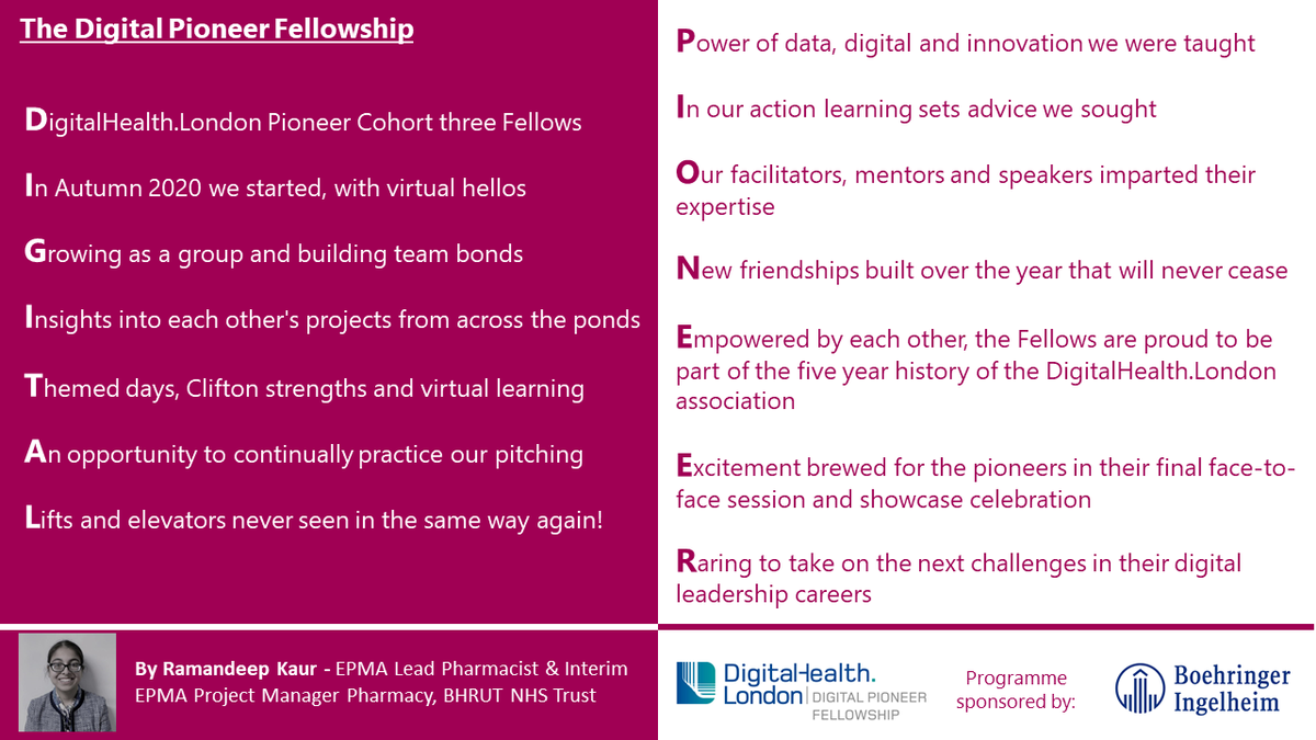 Acrostic poetry to celebrate completion of Cohort 3 <a href="/DHealthLDN/">DigitalHealth.London</a> Pioneer Fellowship Programme. Inspiring, lots of learning &amp; networking, winning the Empower award with <a href="/scubaphysio/">Marie Loizides</a> &amp; <a href="/ArronThind/">Arron Thind</a> too. A fantastic year with amazing fellows <a href="/BHRUT_NHS/">BHRUT NHS 🏥</a> , <a href="/SeanButtner/">Sean</a>, <a href="/Katya_MasconiY/">Katya Masconi-Yule</a>