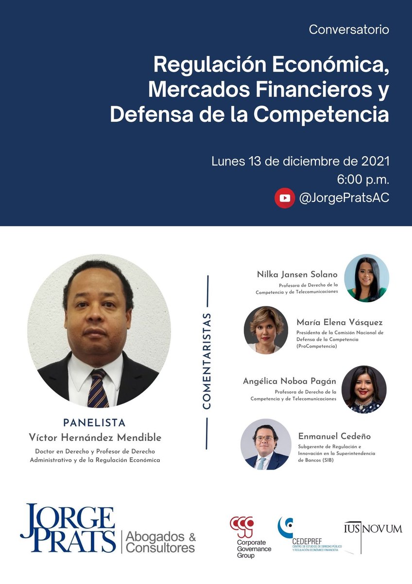 jorgepratsac's tweet photo. En unos minutos iniciamos con el conversatorio sobre “Regulación Económica, Mercados Financieros y Defensa de la Competencia”, a cargo de Víctor Hernández Mendible y @NilkaJan, @MariaElenaVT, @AngelicaNoboaP y @EnmanuelCedenoB. 

🔗: https://t.co/tHDTQs6oZx

¡Sintonicen! https://t.co/HJikpKfyU0