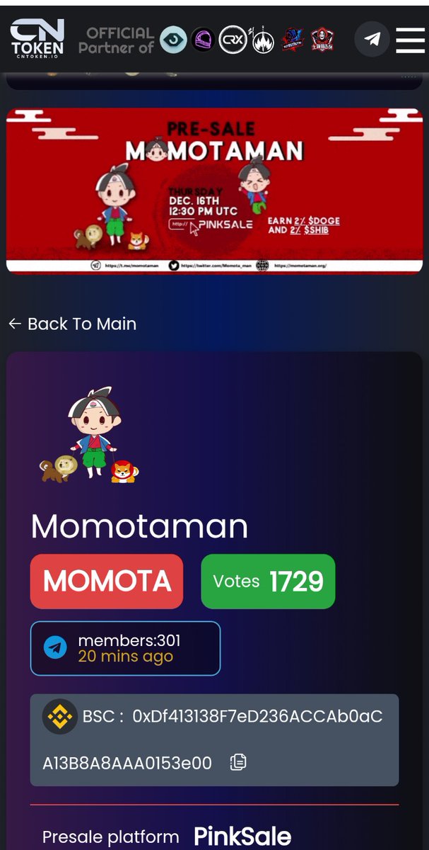 GOODNEWS CNTOKEN ADS FOR OUR #MOMOTAMAN IS LIVE 🇨🇳🇨🇳🇨🇳

WE WELCOME CHINESE COMMUNITY🙌🏼🙌🏼
AUDIT ✅✅
KYC ✅✅ 
💪💥EXPERIENCED DEVS/TEAM
💪💥GROWING COMMUNITY
💪💥LOCKED LIQUIDITY AFTER LAUNCH

🔥VOTE:
cntoken.io/coin/16251

🔥TG: t.me/momotaman

#SHIB #DOGE #MOMOTA