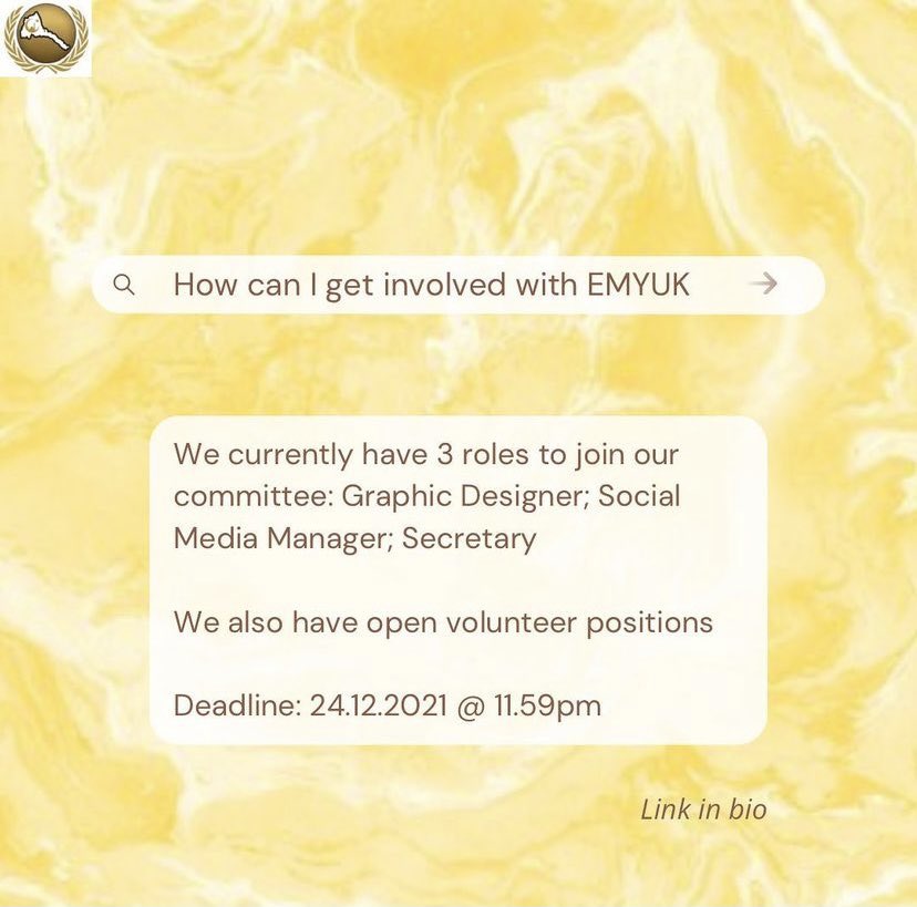 EMYUK COMMITTEE APPLICATIONS ARE NOW LIVE 🇪🇷🇪🇷🎊🎊 Check out the link in our bio to apply for a committee role or fill a volunteer form‼️