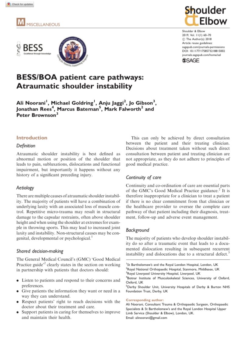 <a href="/LiverpoolSC1/">Peter Brownson</a> was involved in producing the atraumatic shoulder instability care pathways with <a href="/bess_org/">BESS</a> and <a href="/BritOrthopaedic/">BOA</a> A thorough and comprehensive review with guidance journals.sagepub.com/doi/pdf/10.117…