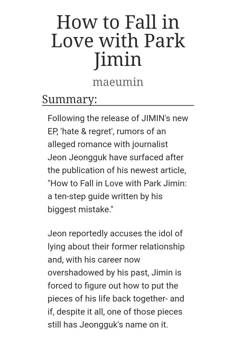 maeumin's tweet photo. HOW TO FALL IN LOVE WITH PARK JIMIN 
 　↳ a ten-step guide written by his biggest mistake – by Jeon Jeongguk.

❥ chapter 1/9 – 8.2k | 🔞 
❥ exes to lovers, idol! JM, journalist! JK, angst w/ a happy ending

🔗 https://t.co/l4xiVI0zFB https://t.co/W0RdZnn1A4