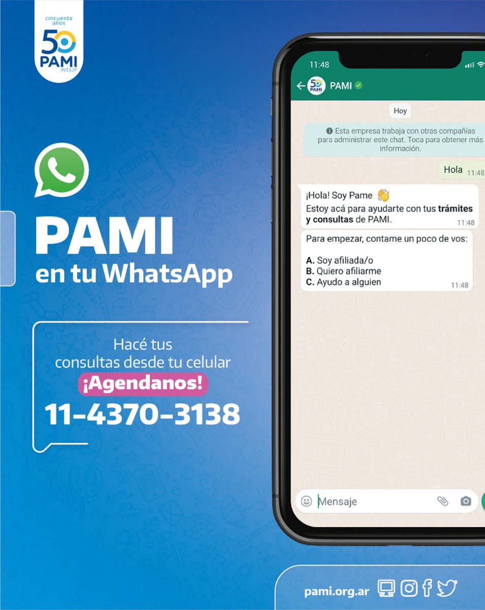 📲 PAMI en tu WhatsApp.

✅ Agendanos y escribinos
✅ Seleccioná tu opción en el menú
✅ ¡Listo!
