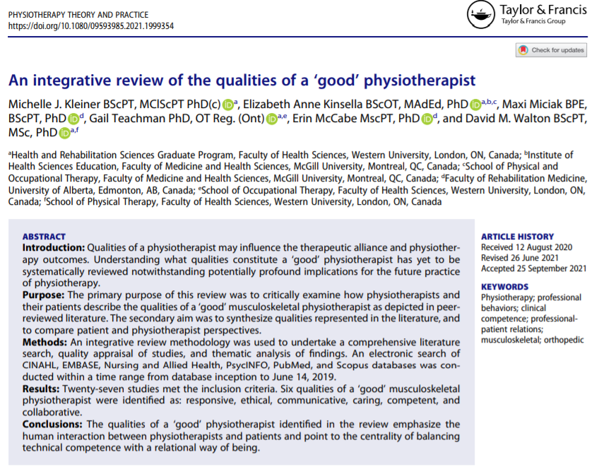JFEsculier's tweet photo. New article, excellent work @mjkleiner @uwo_dwalton @MaxiMiciak !
Qualities of a ‘good’ physio
1⃣Responsive
2⃣Ethical
3⃣Communicative
4⃣Caring
5⃣Competent
6⃣Collaborative
So glad 'Needling' isn't there - would've been devastated to be among the bad ones😨
https://t.co/EiJMKlFBxT https://t.co/g2CxL5ABVi