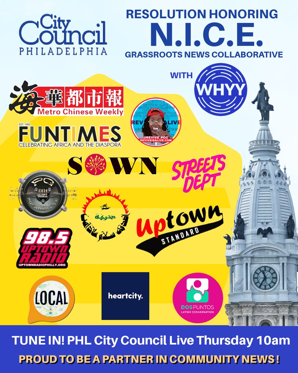We are grateful to be a part of <a href="/WHYYNews/">WHYY News</a> N.I.C.E Collaborative, which is being honored by <a href="/PHLCouncil/">PHLCouncil</a> this Thursday 12/16. The group is being recognized in Resolution 21099100 for our work to diversify and empower local media and news sources!