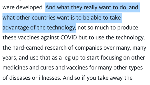 What a toxic line of argument from Gary Locke, former Sec. of Commerce under Obama. He's saying South Africa and India want to suspend patents for Covid vaccines because they're secretly pursuing cures and vaccines for other diseases? Good! Let them! I don't see a problem here.