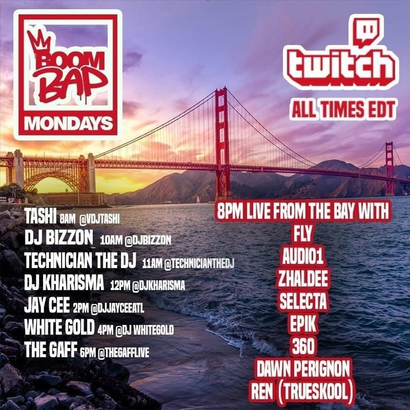 BerkUnderground's tweet photo. The lineup for Boom Bap Mondays (LIVE FROM THE BAY edition) is incredible, featuring DJ FLY, Selecta, Epik, Audio1, Dawn Perignon, Zhaldee, 360, Renoir plus a few special surprises. Join us on Twitch at https://t.co/N4fYuWDzD9 or the channels of all of the DJs listed. Let's go! https://t.co/2vXvpoU3P7