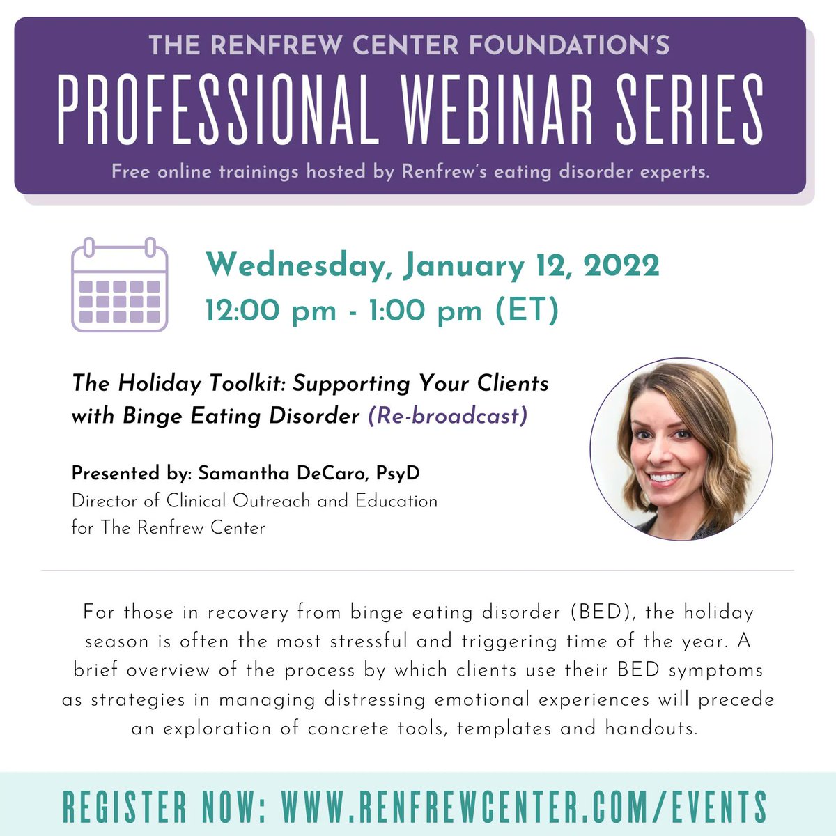 RenfrewCenter's tweet image. Did you miss our Dec professional webinar on supporting your clients with binge eating? No worries, we will be rebroadcasting it Wednesday, January 12, 2022. Register today: buff.ly/3rQXqkv

#EDTraining #BingeEating #EDResource