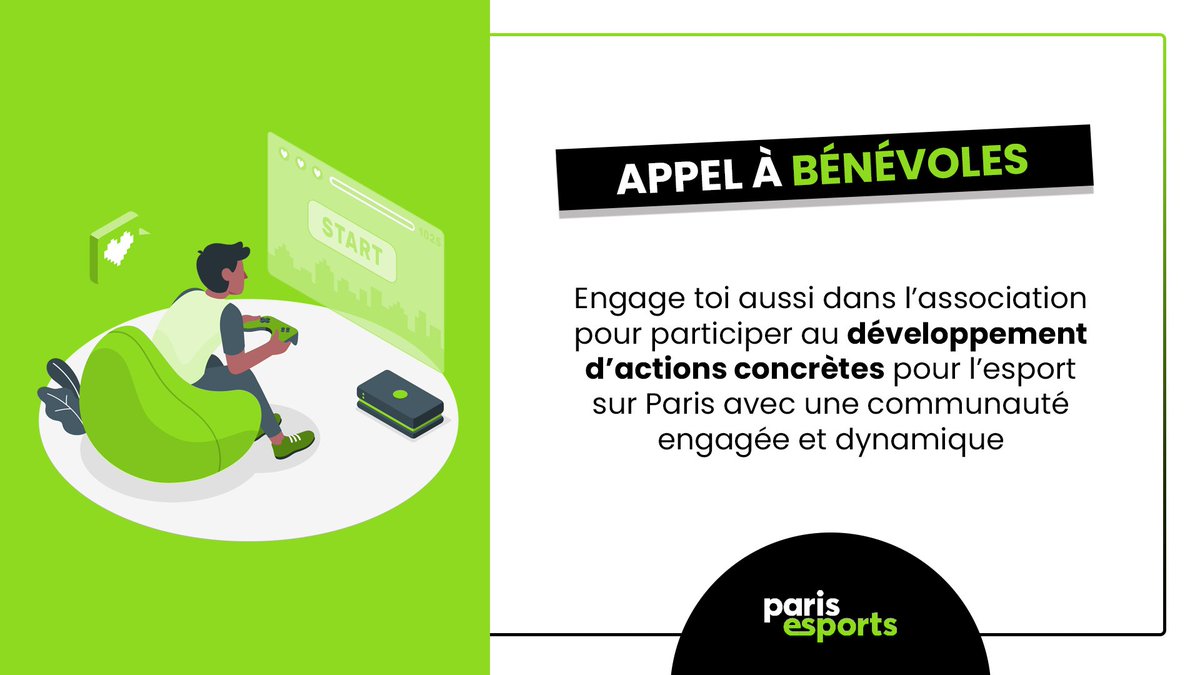 Tu as envie de t'impliquer bénévolement durant ton temps libre et apporter tes connaissances pour le développement de l'esport parisien ? 

Rejoins <a href="/ParisEsports/">Paris Esports</a> en tant que membre actif ! 
Contacte nous par MP ou sur Discord : esports.paris/discord 

RT &amp; like appréciés ! 💚
