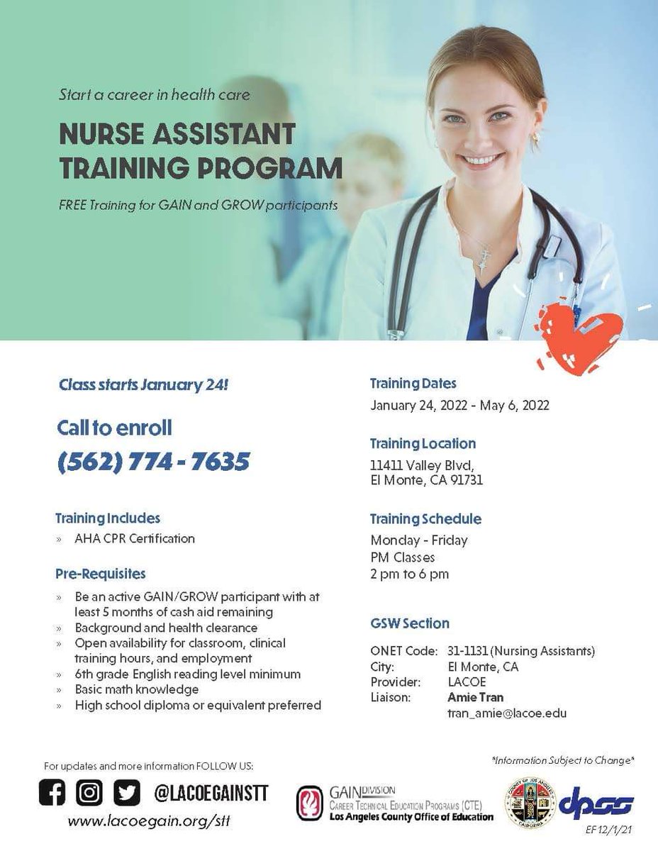Start a career in health care 🩺 Nurse Assistant Training Program starts January 24th in the city of El Monte. Free training to GAIN/GROW participants and job placement assistance provided! Call 562-774-7635 to enroll. #lacoegainstt #healthcare #nurse #jobs