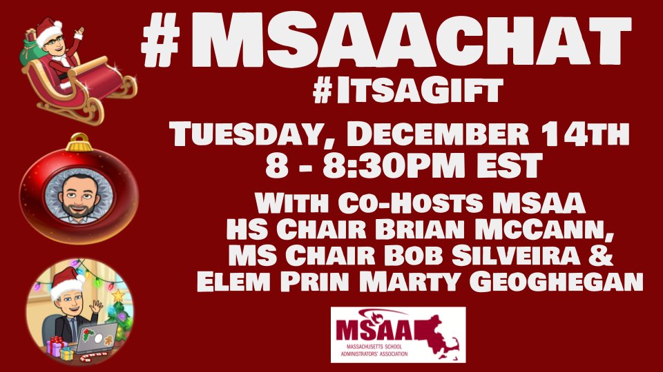 Only 24 hrs until our December #MSAAchat tomorrow Tues, 12/14, at 8PM for a quick 3Qs chat with <a href="/casehighprinc/">Brian McCann</a> <a href="/BobSil42/">Bob Silveira</a> &amp; all of you; for being able to share ideas with all our <a href="/MSAA_33/">MSAA</a> friends is #IsAGift So get your Twitter ready for the quickest 30 minutes of Educational Joy!