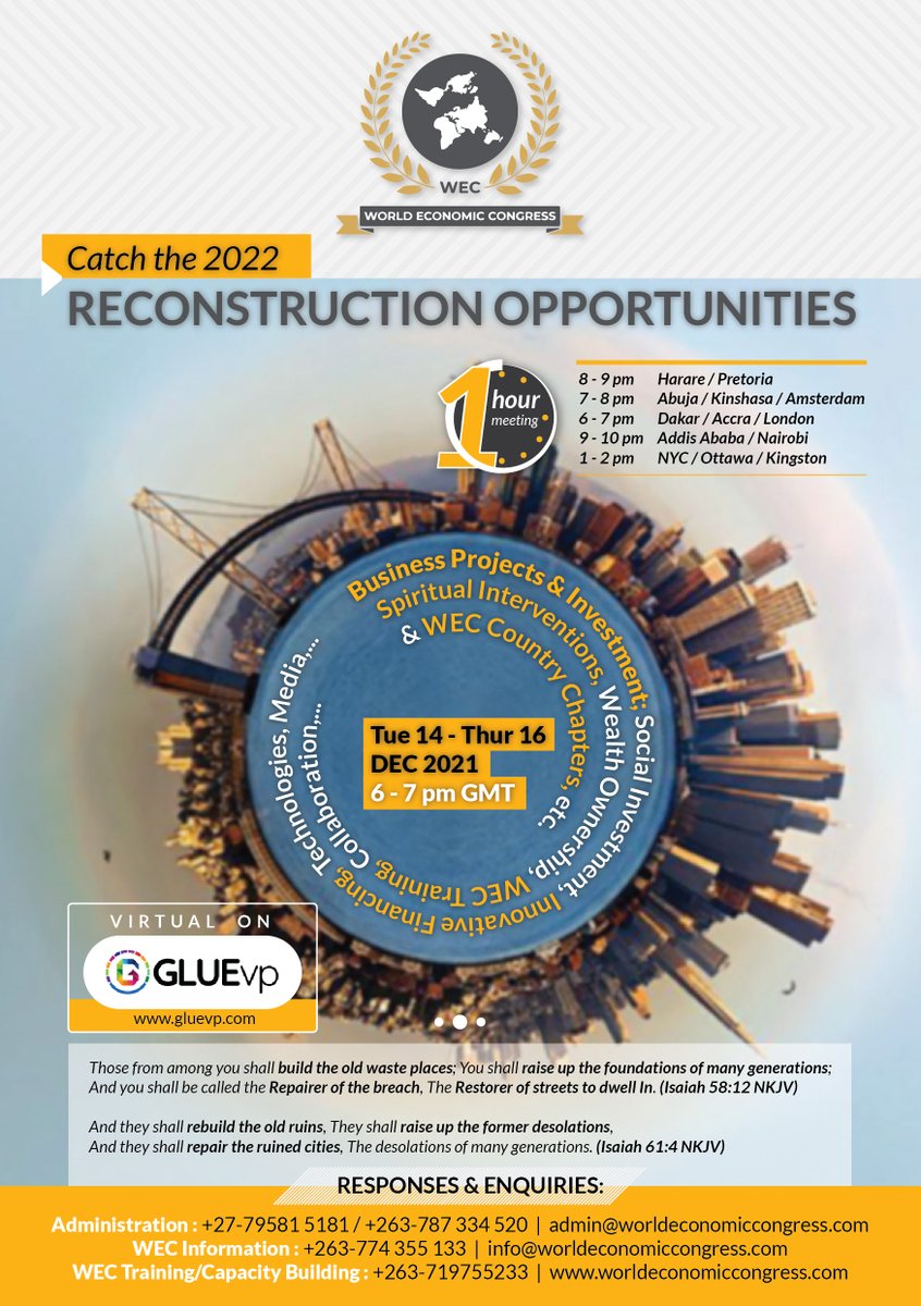 weccongress's tweet photo. 2022 is going to be an exciting year. We are thrilled to share with you some of the opportunities that we are looking forward to in the coming year. Join us for 3 days as we present these opportunities. Details on flyer. #EconomicReconstruction #WEC https://t.co/kDUvTxX7Vg