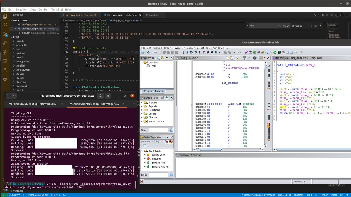 hubmartin's tweet image. #fpga Zkouším po roce znova Litex, syntéza i kompilace ok. Gateware bliká LEDkou ale FW na syntetizovaném RISC-V se ne a ne rozjet. Aspoň teda na UART pinech nic.. Binárka vypadá jako kód,ale asi se podívám hloub přes Ghidru. (NSA už vydala fix pro log4j) @enjoy_digital #tinyFPGA