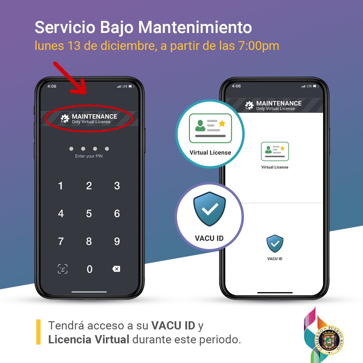 prdirprits's tweet photo. ¡IMPORTANTE! Cesco Digital estará en mantenimiento de 7:00pm a 10:00pm. No obstante, puedes acceder tu #VacuID o licencia virtual a través de la aplicación. Solo debes ingresar tu información como regularmente lo haces y seleccionar la opción. @fortalezapr @GovPierluisi @DTOP https://t.co/vkWZYds3nb