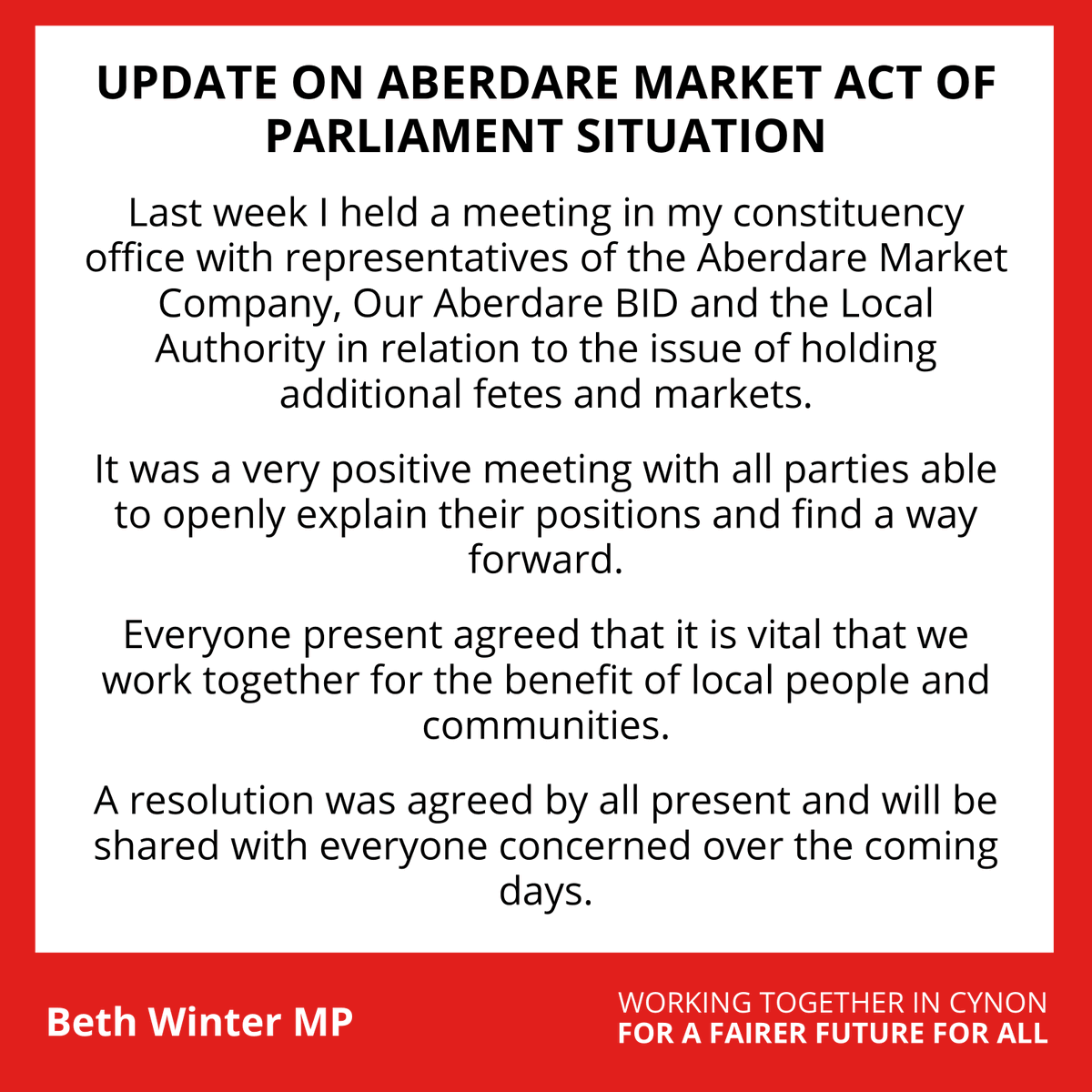 BethWinterCynon's tweet photo. 🚨 🚨
On Friday I hosted a meeting with the Aberdare Market Company, @OurAberdareBID & @RCTCouncil about future markets & fayres in Aberdare.
It was a very positive meeting and all agreed about the need to work together for the benefit of local people.
Statement here 👇 https://t.co/bLocHFmxxD