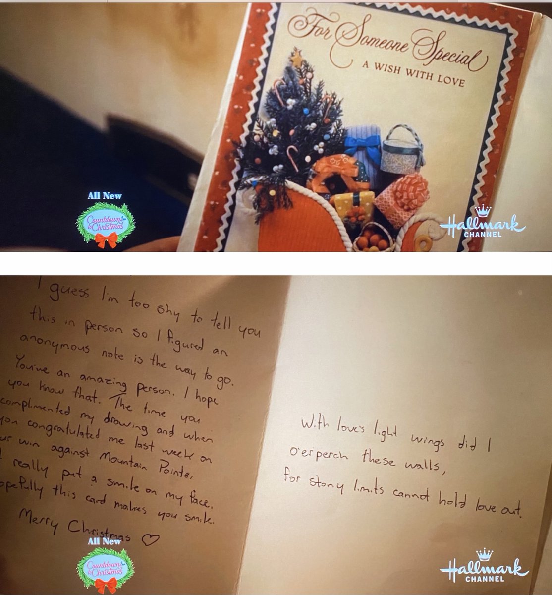 SueEdelman's tweet photo. Every Christmas card I receive brings to mind my favorite 2021 @hallmarkchannel🎄movie, #OpenByChristmas. And although I appreciate each  card, sadly🙁, none have an unsigned Shakespearean quote written inside.😉😊 #DearestDerrick - @brennan_elliott. Tomorrow 12/14 - 2:00pm. https://t.co/LhEV1Mft2W