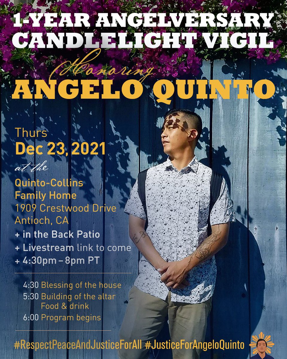 justice4angelo's tweet photo. Join us on 12/23/21 for the One Year Angelversary Candlelight Vigil Honoring Angelo Quinto / 4:30pm-8pm PT / 1909 Crestwood Drive in Antioch CA / Online livestream link to come. Please RSVP &amp; see more details on FB Event page: https://t.co/lPIh2KwLml

#JusticeForAngeloQuinto 💙 https://t.co/WjOKGGf9Bl