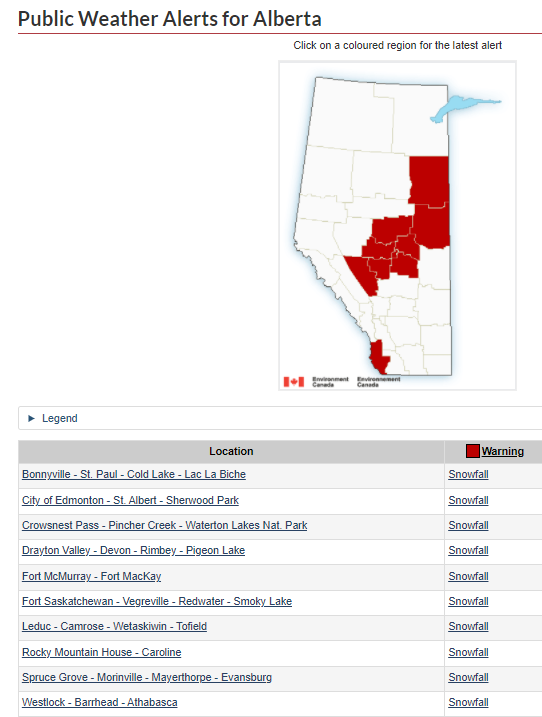 EC Snowfall Warning in effect for various parts of the province. For location details visit: weather.gc.ca/warnings/index… (3:42pm) #ABRoads #ABStorm