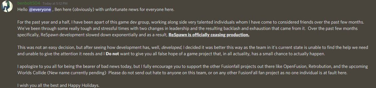 FF_RESPAWN's tweet image. For all our twitter followers, ReSpawn is officially ending production.  The reason is in the image below.  Thank you all for your time and God bless.