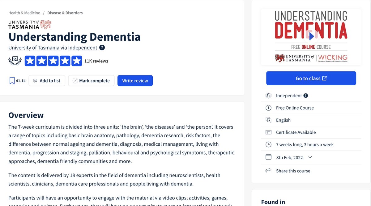 classcentral's tweet photo. Understanding Dementia and Preventing Dementia produced by The Wicking Centre at UTas have received over 17,000 overwhelmingly positive reviews on Class Central and have both featured in annual Best of All Time lists since their release.

https://t.co/jQZzGr9cqw https://t.co/KHGbjLbODW