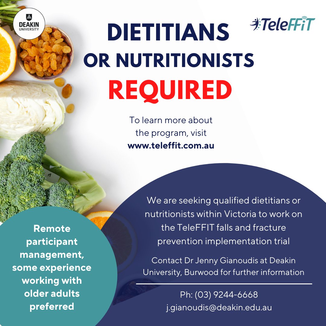A great paid opportunity for dietitians and nutritionists in Victoria to be part of the TeleFFit research project @DeakinIPAN. For more info, contact Jenny.
@DeakinNutrition https://t.co/A1aLESdFTv