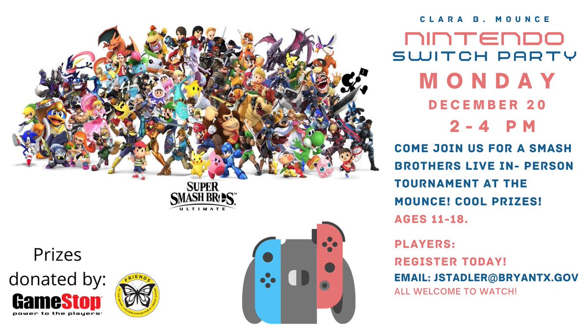 Join us for a Nintendo Switch Party: Smash Brothers tournament for ages 11-18 on Monday, Dec 20 from 2-4pm. Registration required email Jenny at jstadler@bryantx.gov to sign up. Cool grand prizes, snacks, and door prizes. #cbmplteens #bcstx https://t.co/MPgxsjfZMM