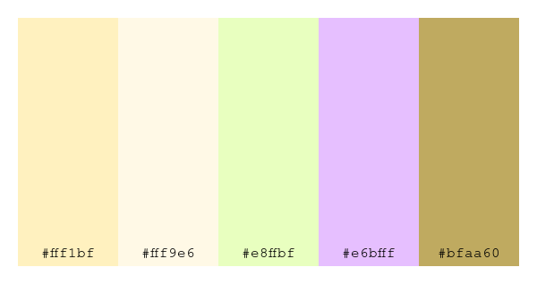 ColPaletteBot's tweet photo. Beep beep, here's a pretty color palette for you!
color-scheme.js parameters used:
- hue: 297
- variation: light
- colors: #fff1bf, #fff9e6, #e8ffbf, #e6bfff, #bfaa60
Have a lovely evening!
#twitterbot #colorpalette #colors #palette #prettycolors https://t.co/PUG3XfBgoH