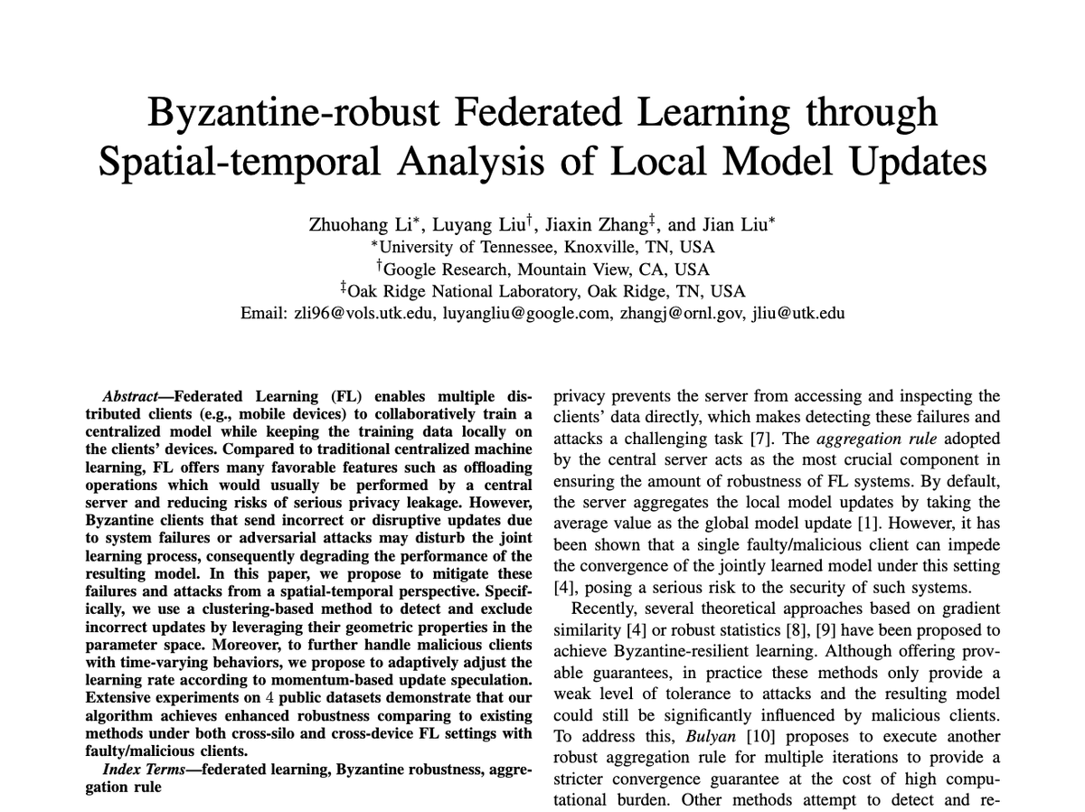 'Byzantine-robust FL' - The first paper in the field of Federated Learning in my group. Led by Zhuohang, w/ collaborators from Google Research and ORNL. @jxzhangjhu Looking forward to more pubs in this field! arxiv.org/abs/2107.01477