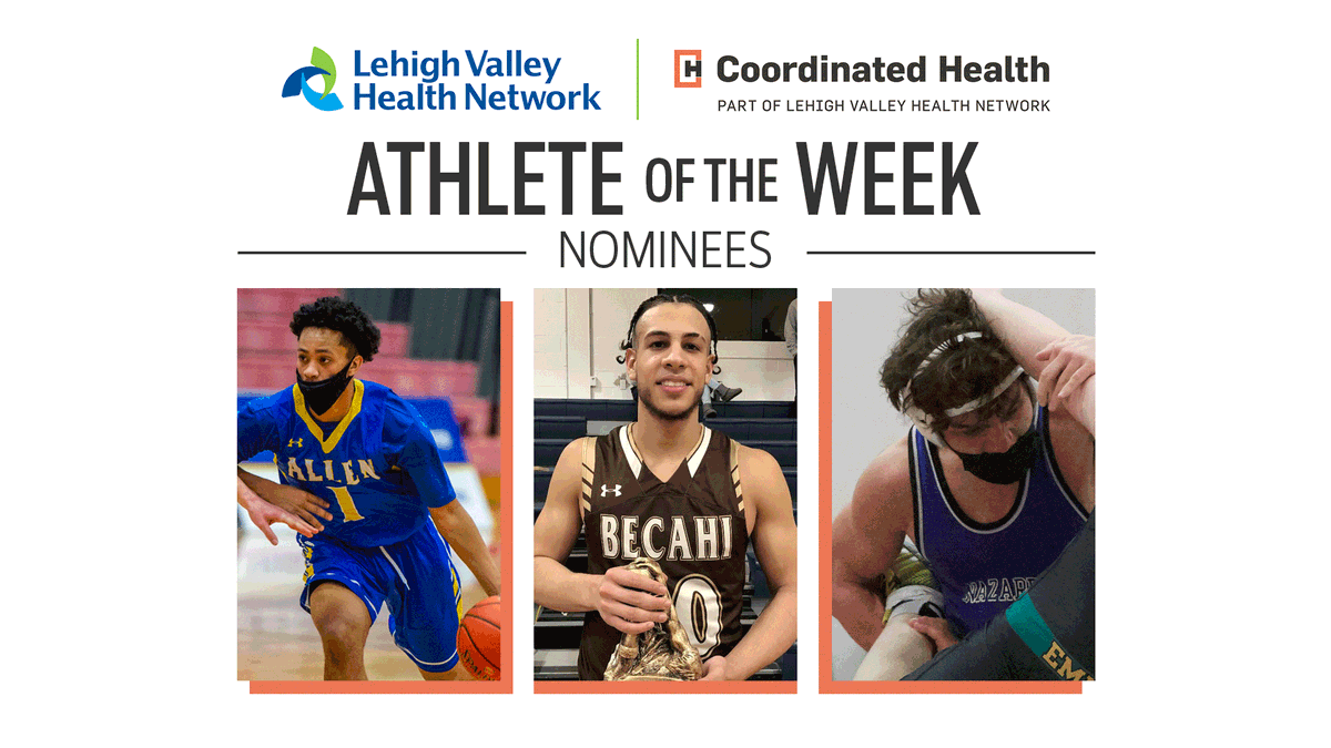 mcall's tweet photo. ATHLETE OF THE WEEK
Time to vote for this week's boys nominees! #LVHNaotw #lvvarsity 
➡️ Nate Ellis, @WmAllenBball, @CanaryAthletics
➡️ Edixon Gomez, @BecaBasketball @Becahi_Hawks
➡️ @LeveyChase, @NazWrestling @NAHSBlueEagles

@LVHN @coordhealth
https://t.co/KYEP0LbMcu https://t.co/A6QnDyS3yu