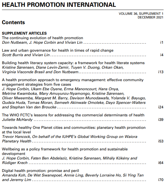 Very pleased to announce that <a href="/HealthPromInt/">Health Promotion International (OUP)</a> has published an authoritative and original collection of background papers to <a href="/WHO/">World Health Organization (WHO)</a>'s #10GCHP:

academic.oup.com/heapro/issue/3…