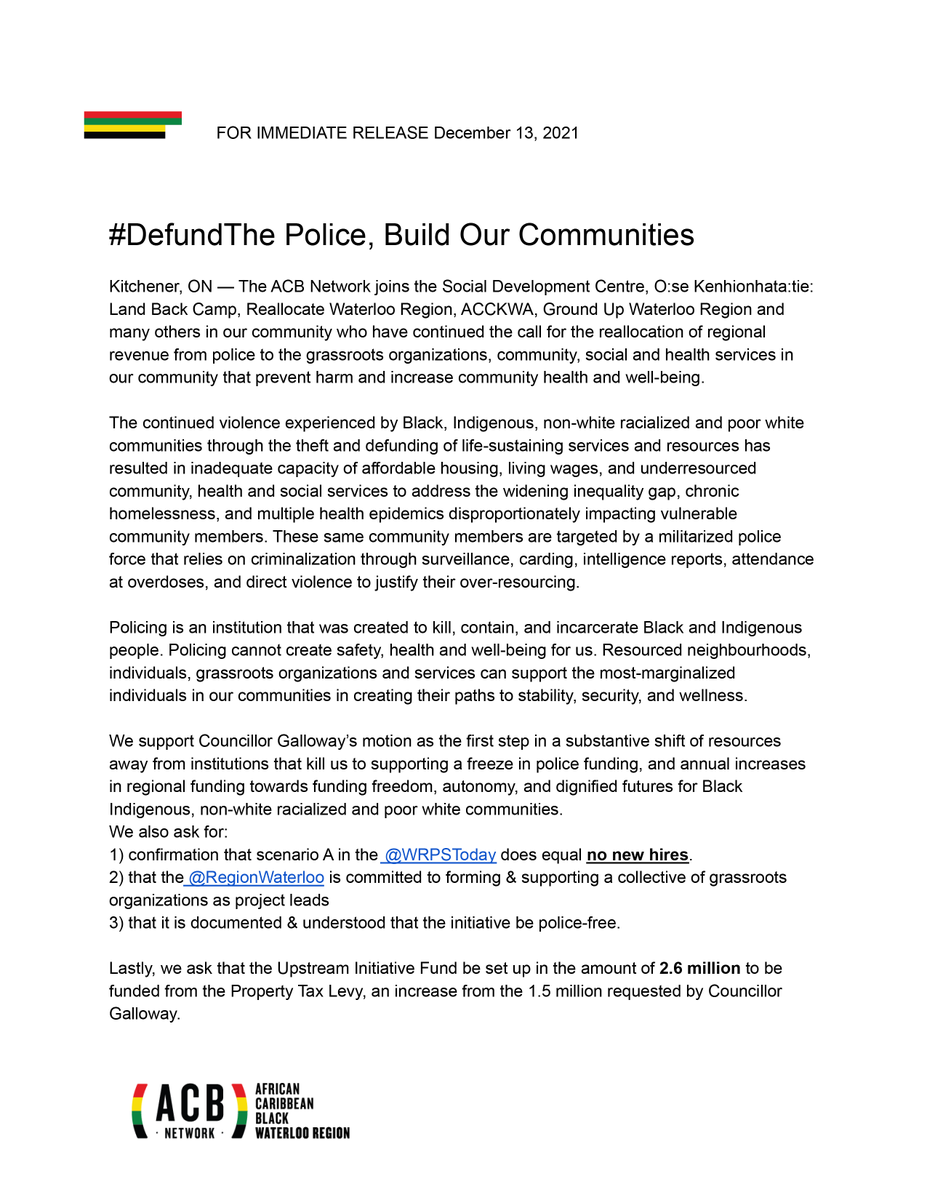 OfAcb's tweet photo. #WaterlooRegion #DefundThePolice Fund #UpstreamPrevention including grassroots, community, social  and health services to address widening inequality. End the criminalizing of poverty. https://t.co/3URLBtd2UD