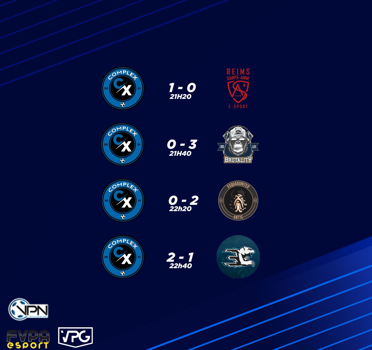 Résultats de la soirée, soirée pas facile avec une défaite en finale face a une belle équipe <a href="/xSquadUnited/">xSquadUnited</a> <a href="/FVPAeSport/">FVPA Esport</a> <a href="/VPGFrance_/">VPG France</a> @VPNPS4Officiel  
✅VS @StructureRSAE 
❌VS <a href="/brutality_sport/">Brutality Sport</a>
❌VS <a href="/xSquadUnited/">xSquadUnited</a>
✅VS <a href="/eXeSeFoot/">eXeS eFoot</a>