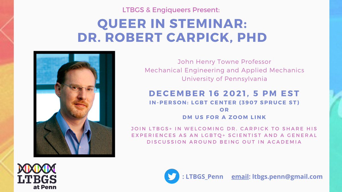 LTBGS@Penn (@ltbgs_penn) on Twitter photo Join us and <a href="/penn_engiqueers/">UPenn Engiqueers</a> for another installment of our Queer in STEMinar series! THIS Thursday, 5pm, at the LGBT Seminar <a href="/PennLGBTC/">Penn LGBT Center</a>. We are thrilled to have Dr. Carpick, a professor of Mechanical Engineering & Applied Mathematics speak to us this week! Join us and <a href="/penn_engiqueers/">UPenn Engiqueers</a> for another installment of our Queer in STEMinar series! THIS Thursday, 5pm, at the LGBT Seminar <a href="/PennLGBTC/">Penn LGBT Center</a>. We are thrilled to have Dr. Carpick, a professor of Mechanical Engineering & Applied Mathematics speak to us this week!