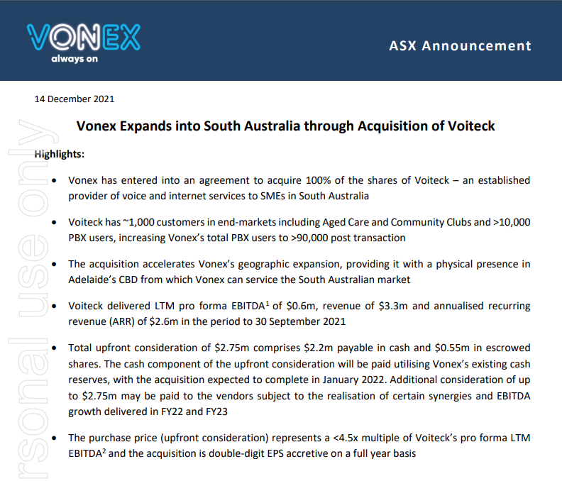 TimDohrmann's tweet photo. The @VonexLtd (ASX: $VN8) growth story continues with #Vonex's acquisition of @Voiteck_Aus, SA's leading SME-focused #telco.
The deal boosts #Vonex ARR to ~$35m, is highly earnings-accretive and gives #VN8 a branded physical presence in a new market.
📝: https://t.co/CiQ386zojK https://t.co/j258ihrLqj