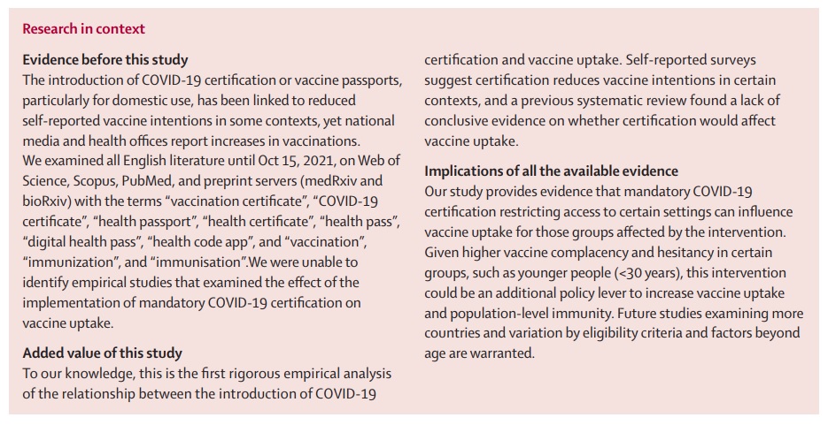 TheLancet's tweet photo. NEW: The effect of mandatory COVID-19 certificates on vaccine uptake - findings based on data from Denmark, Israel, Italy, France, Germany, and Switzerland, published in @TheLancetPH https://t.co/yOWu39WPmQ https://t.co/Z4DJNIoPQP