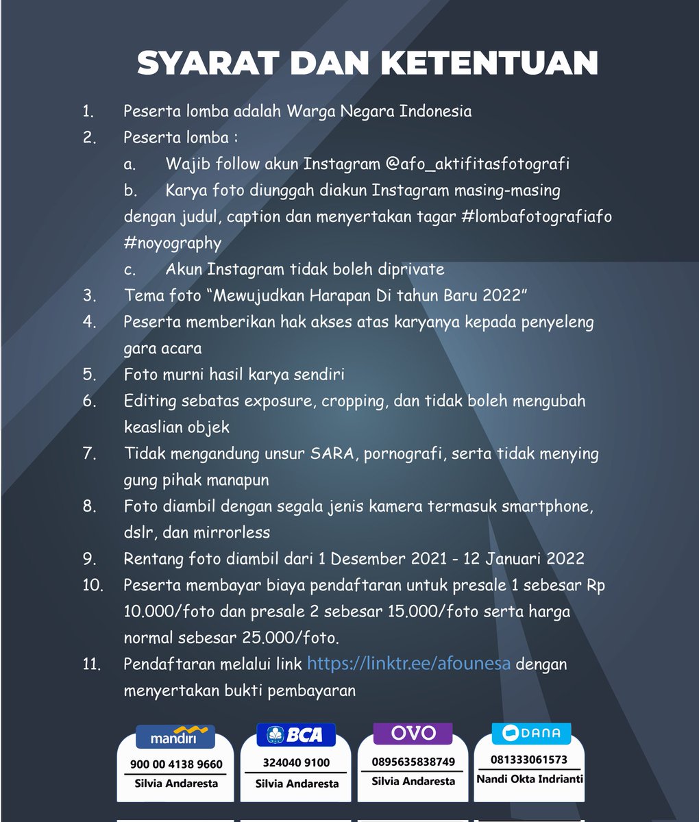 Halo sobat afo, yuk ramaikan tahun barumu dengan ikut lomba neyography dan menangkan hadiahnya🎇🎇

Untuk panduan dan pendaftaran bisa klik:
linktr.ee/afounesa

Kami tunggu kreativitasmu!!