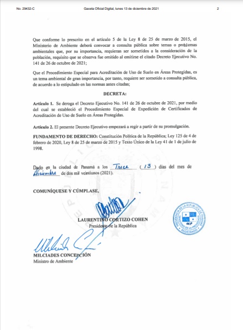 MiAmbientePma's tweet photo. 🔴 Última hora

Presidente de la República deroga Decreto Ejecutivo 141 por medio del cual se estableció el Procedimiento Especial de Expedición de Certificados de Acreditación de Uso de Suelo en Áreas Protegidas. https://t.co/mywQ0Swr5e