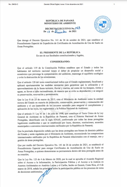 MiAmbientePma's tweet photo. 🔴 Última hora

Presidente de la República deroga Decreto Ejecutivo 141 por medio del cual se estableció el Procedimiento Especial de Expedición de Certificados de Acreditación de Uso de Suelo en Áreas Protegidas. https://t.co/mywQ0Swr5e