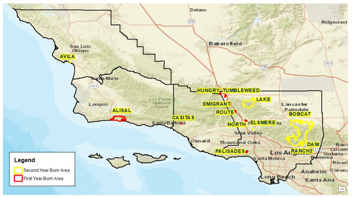 NWSLosAngeles's tweet image. #FlashFloodWatch for #DebrisFlow thru Tue near burn scars: Alisal, Palisades, Bobcat, Ranch2, Dam, Lake.

Residents plan now if evacuations needed. Roads likely affected, possible closures. Small chance of structure damage. Road closures could strand residents. #cawx #LArain