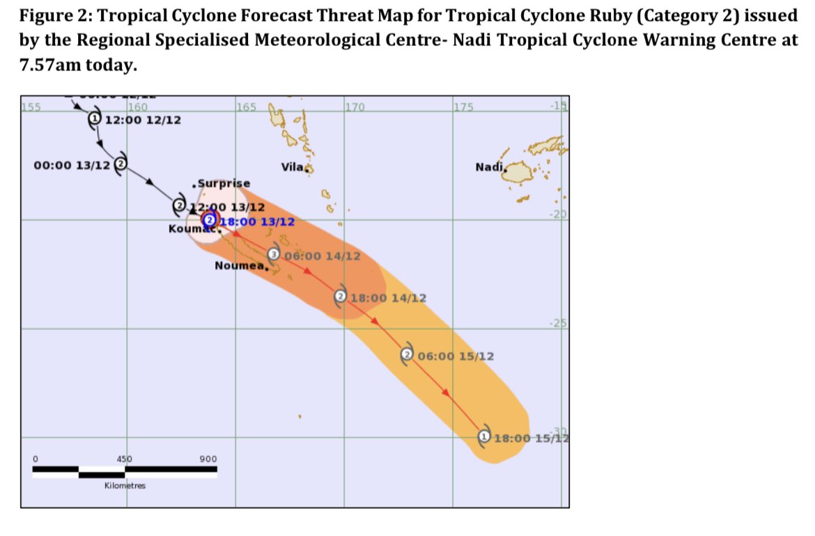 LiceMovono's tweet image. #TCRuby to intensify to Cat 3 from midday to 2night. To move ESE across New Caledonia, to far south of Fiji &amp;amp;  North of NZ. Not expected to have direct threat over Fiji but expect northerly wind flow from Thurs: humid, heavy rain, thunder,  gusty winds. #FijiNews #CycloneRuby