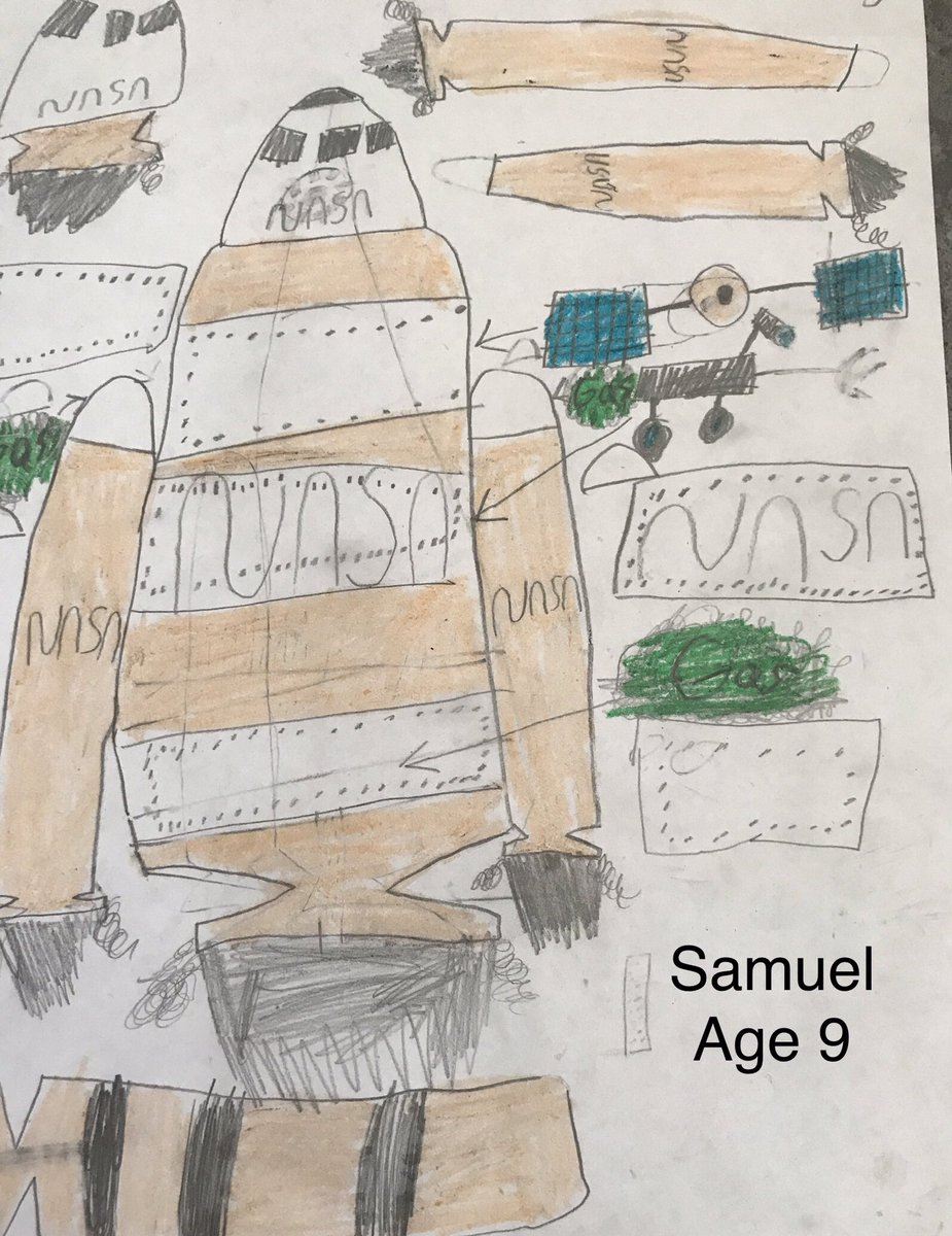 C_Bass3d's tweet photo. #KidsDrawRockets Day 2! This one comes from Samuel in @KBarlow48's class. With all the spare parts lying around in the drawing, I had to make this rocket it's own rocket factory! https://t.co/qi0oBwMsch