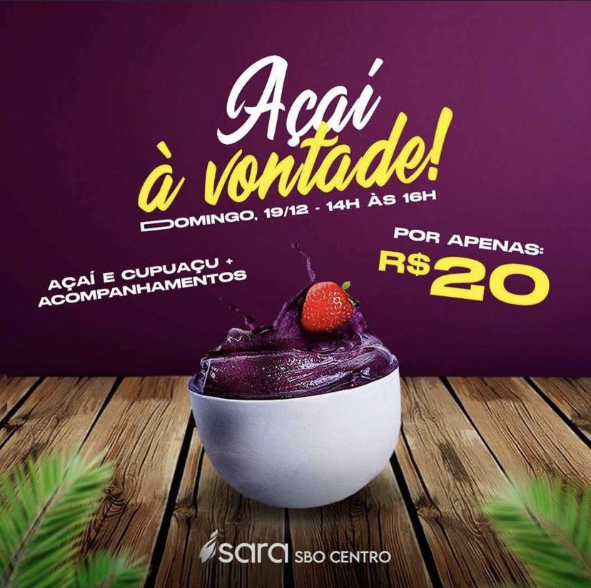 sara_sbo's tweet photo. [ARRASTA PRO LADO!] 

ABRIMOS NOSSO SEGUNDO FESTIVAL DO AÇAÍ! 

Por R$20,00 você pode comer açaí À VONTADE, com acompanhamento e tudo durante DUAS HORAS! 

Imperdível né? Domingo, 19/12 💜 https://t.co/SswP7NVf3R