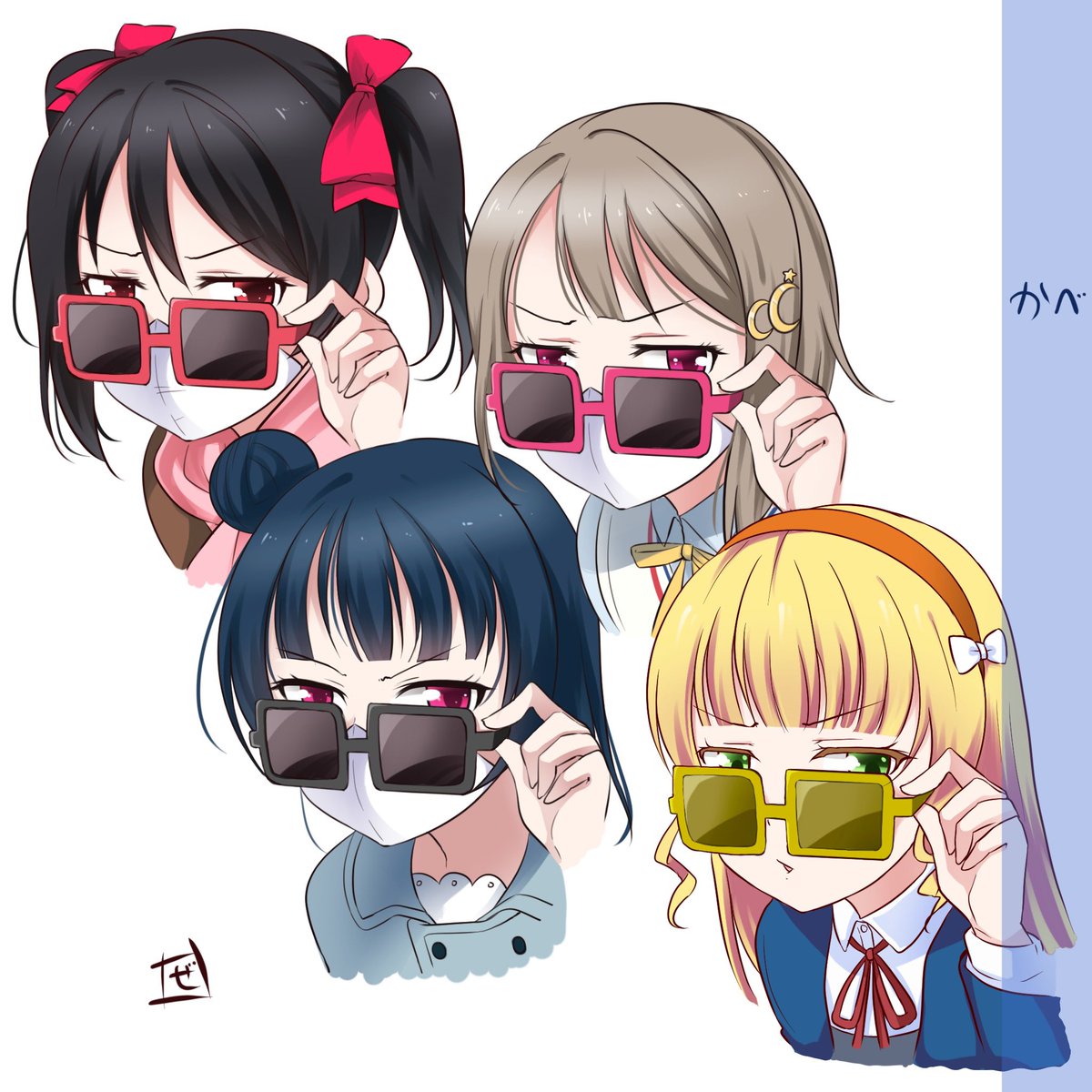 yazawa nico multiple girls sunglasses 4girls mouth mask yuigaoka school uniform mask blonde hair  illustration images