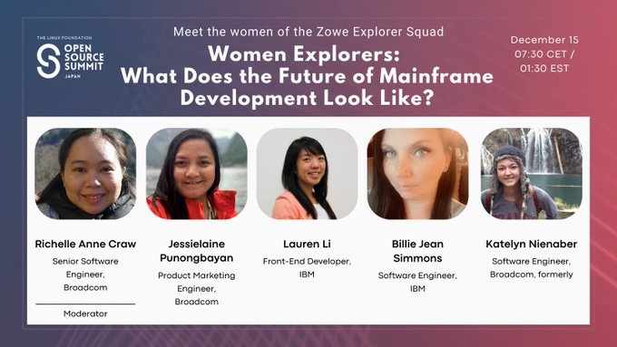 OpenMFProject's tweet photo. Don't miss @OpenMFProject's #Zowe Explorer Squad session at #OSSummit Japan TOMORROW! @rakcraw @KatelynNienaber @jellpunongbayan Lauren Li &amp; Billie Jean Simmons will discuss #diversity, #mainframe modernization &amp; #opensource collaboration. https://t.co/Vaiupg9qq2 https://t.co/GEXqlemaBq