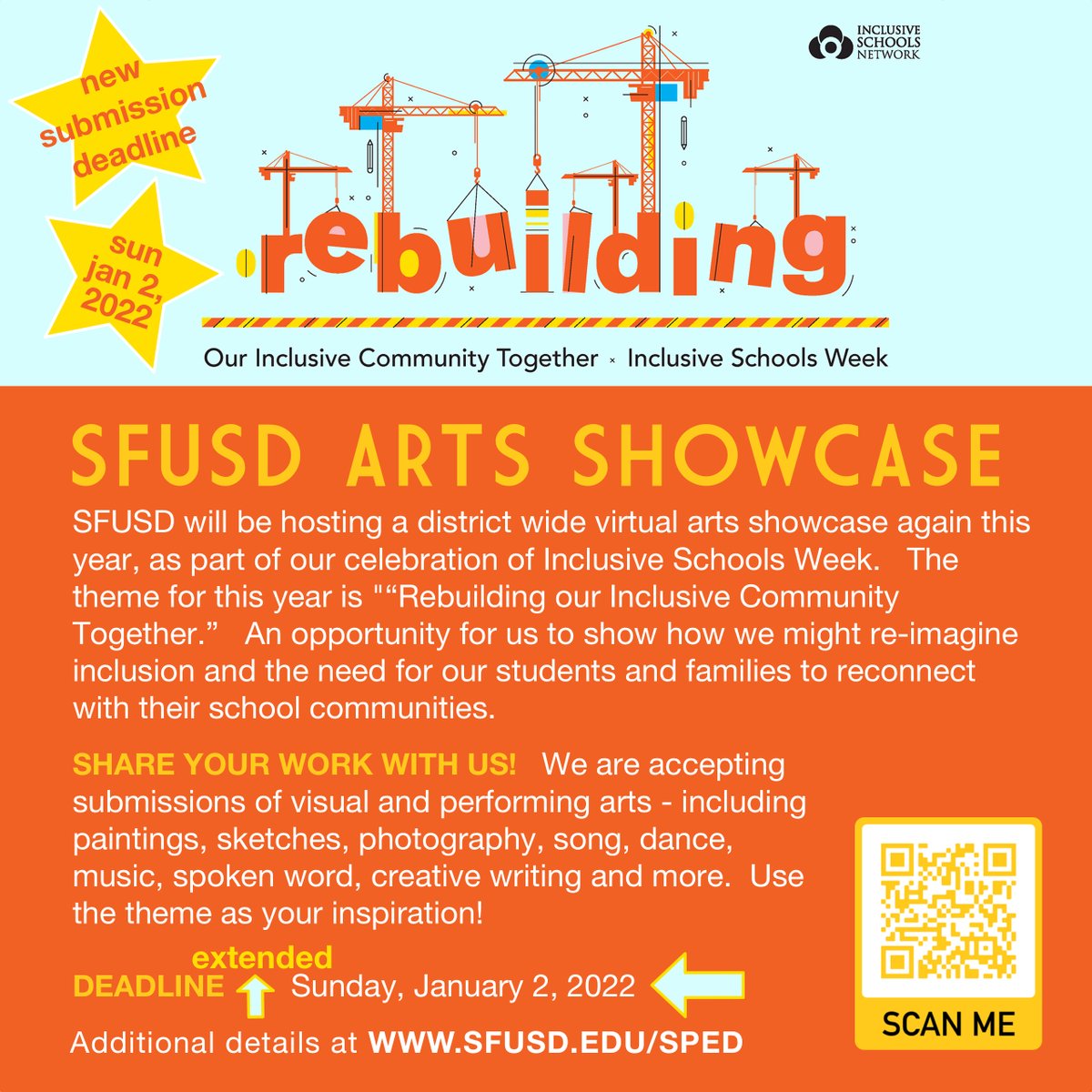 Thx to everyone for their participation across the district in Inclusive Schools Week activities!  

Note! We have extended the deadline for the online ARTS SHOWCASE. Submissions are due on Sunday, Jan 2, 2022.   

Submission Form: bit.ly/sfusd-isw-arts…