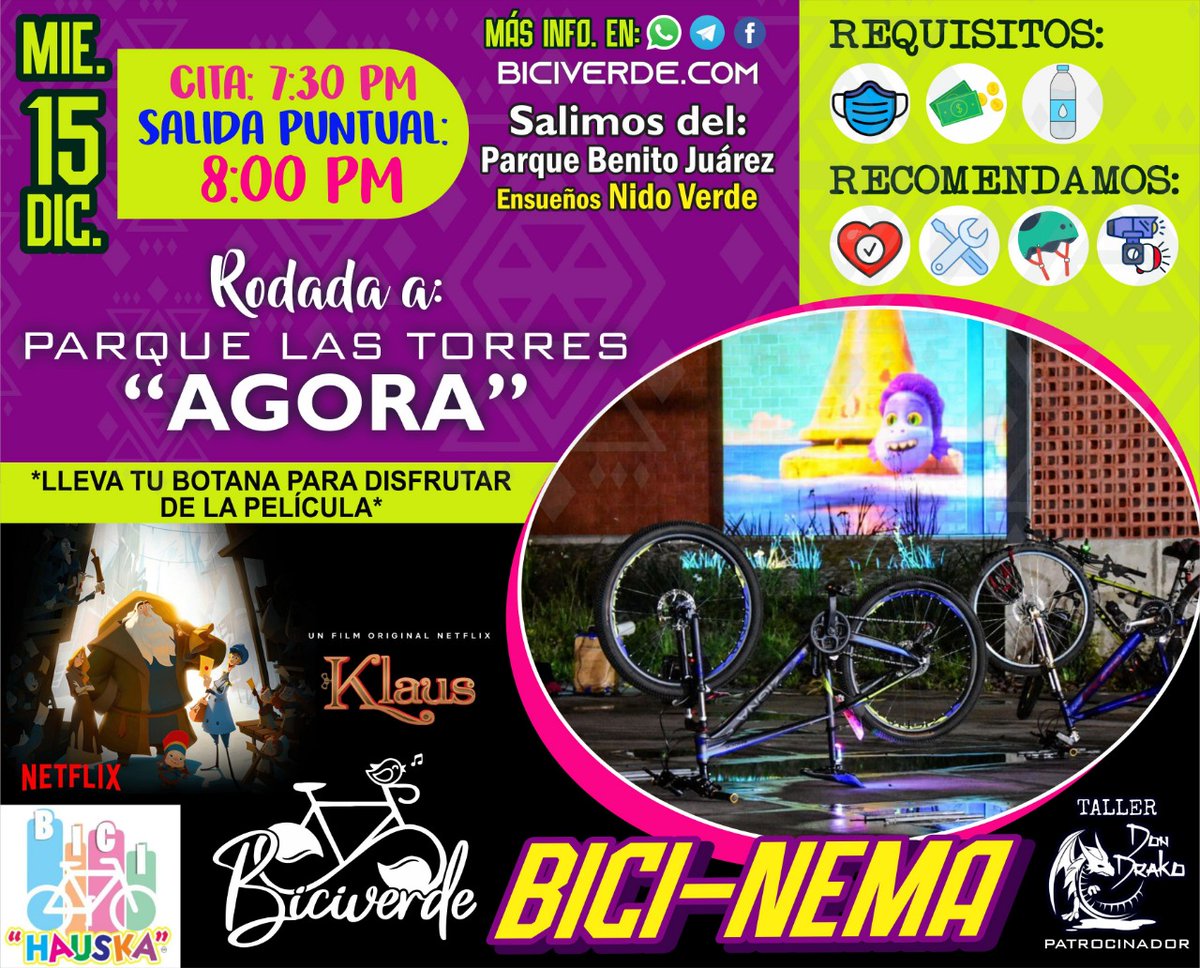 Biciverde's tweet photo. Acompáñanos a la #RodadaNocturna y #bicinema este próximo miércoles en el Ágora de Sta. Maria Las Torres. Nos vemos en el Parque Benito Juárez de Ensueños #Izcalli. La cita es a las 7:30 #EaEaPedalea https://t.co/b1tvAwSgK4