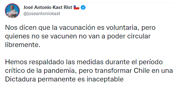 Kast: "Siempre he estado a favor de la vacunación".

Fact Check: Es falso, de hecho criticaba las medidas de restricción que habían para los no vacunados tildandolas como "Dictadura".
#DebateAnatel