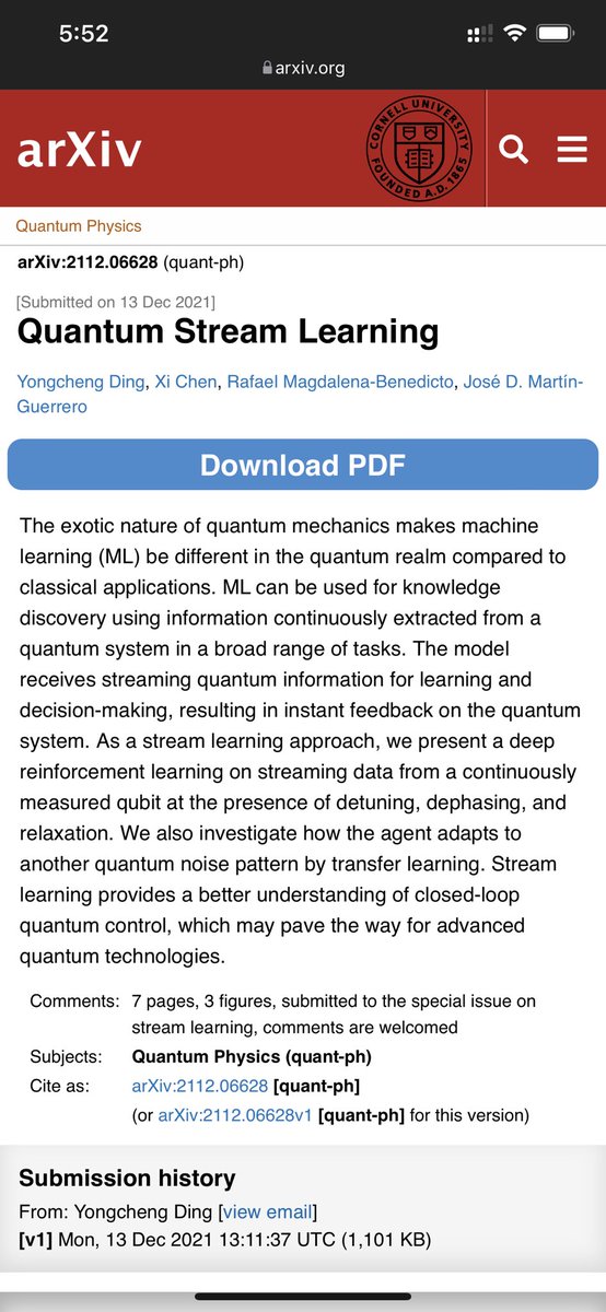 Our new results on Quantum Stream Learning release today! Thanks the collaboration from <a href="/jonzen_Physics/">jonzen.ding</a> <a href="/JoseDMartin_UV/">José D. Martín</a>. arxiv.org/abs/2112.06628 <a href="/ryc_upvehu/">Ramón y Cajal @ UPV/EHU</a> @ehuscientia <a href="/QUANTEK2122/">QUANTEK</a>
