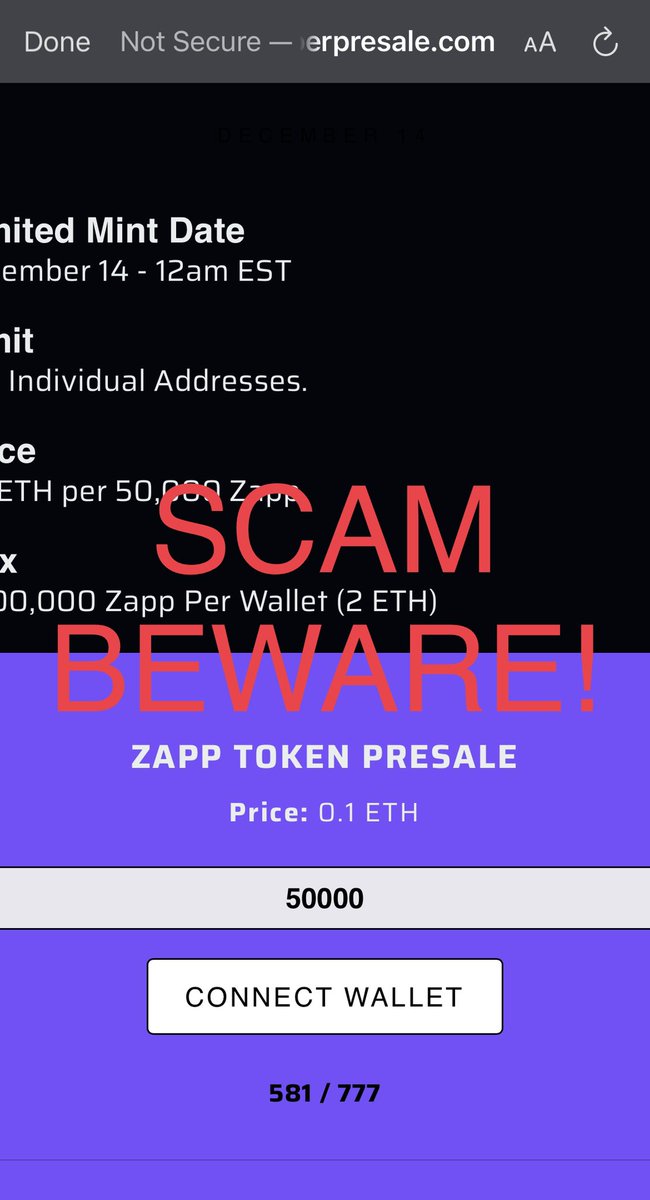 ⚠️ Scam warning ⚠️ @zapper_fi are NOT holding a token presale. They haven’t even decide if they are going to release a token. This is purely a phishing attempt. It’s trying to make you hurry.. zapperpresale.com @CryptoScamDB meanwhile take a look at @MyCrypto #cryptowinter