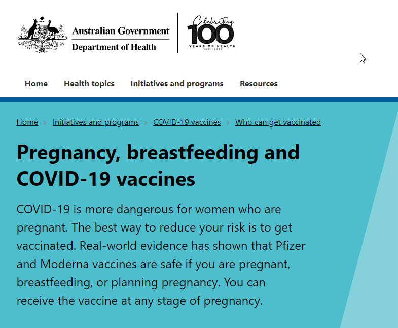 @healthgovau also has a page dedicated to information on Pregnancy, breastfeeding and COVID-19 vaccines. health.gov.au/initiatives-an…